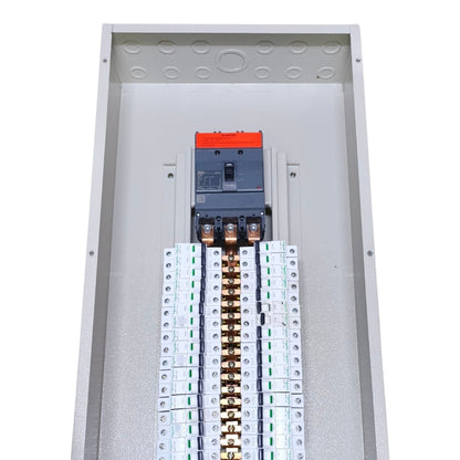 An open metal electrical panel showing a circuit breaker and multiple terminal blocks with copper-colored bus bars, photographed on a plain white background.