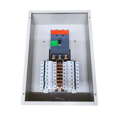 An open metal electrical distribution box containing a main circuit breaker, fuses, and multiple terminal blocks on a plain white background.