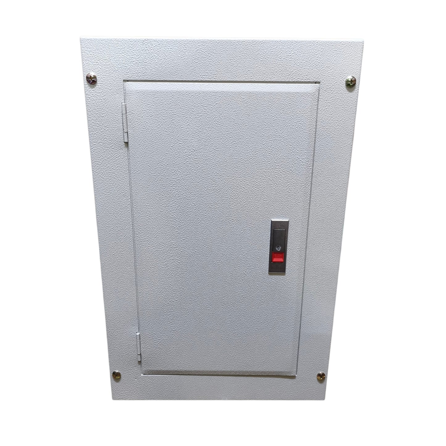 A white textured metal electrical or utility access door with a small vertical handle featuring a red switch, shown against a plain white background.