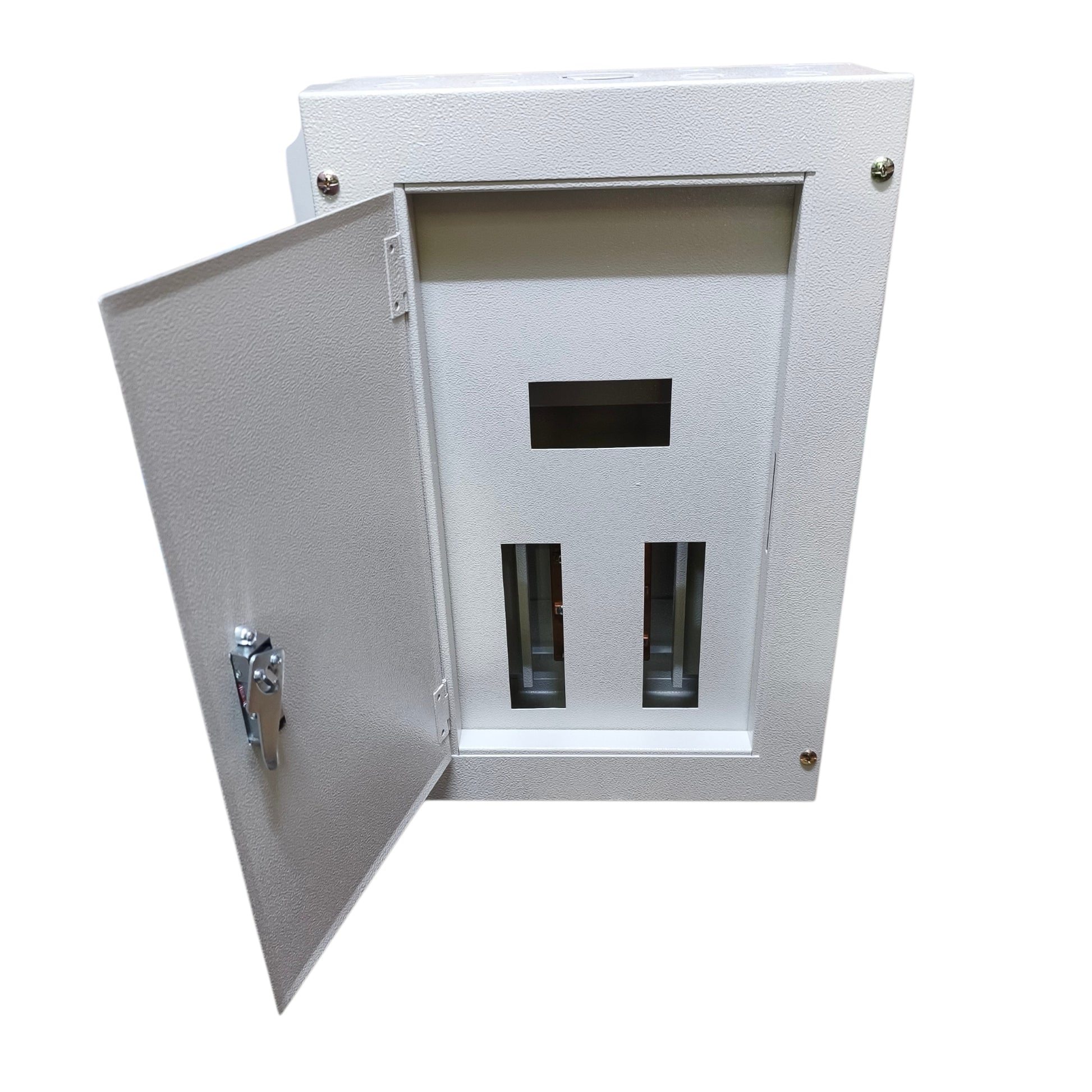 A white metal electrical distribution box with its door open, showing internal compartments and circuit breaker panels, isolated on a white background.