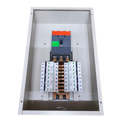 An open metal electrical distribution panel showing a main circuit breaker with an orange handle and green display, alongside multiple white and copper-colored terminal blocks, isolated on a white background.