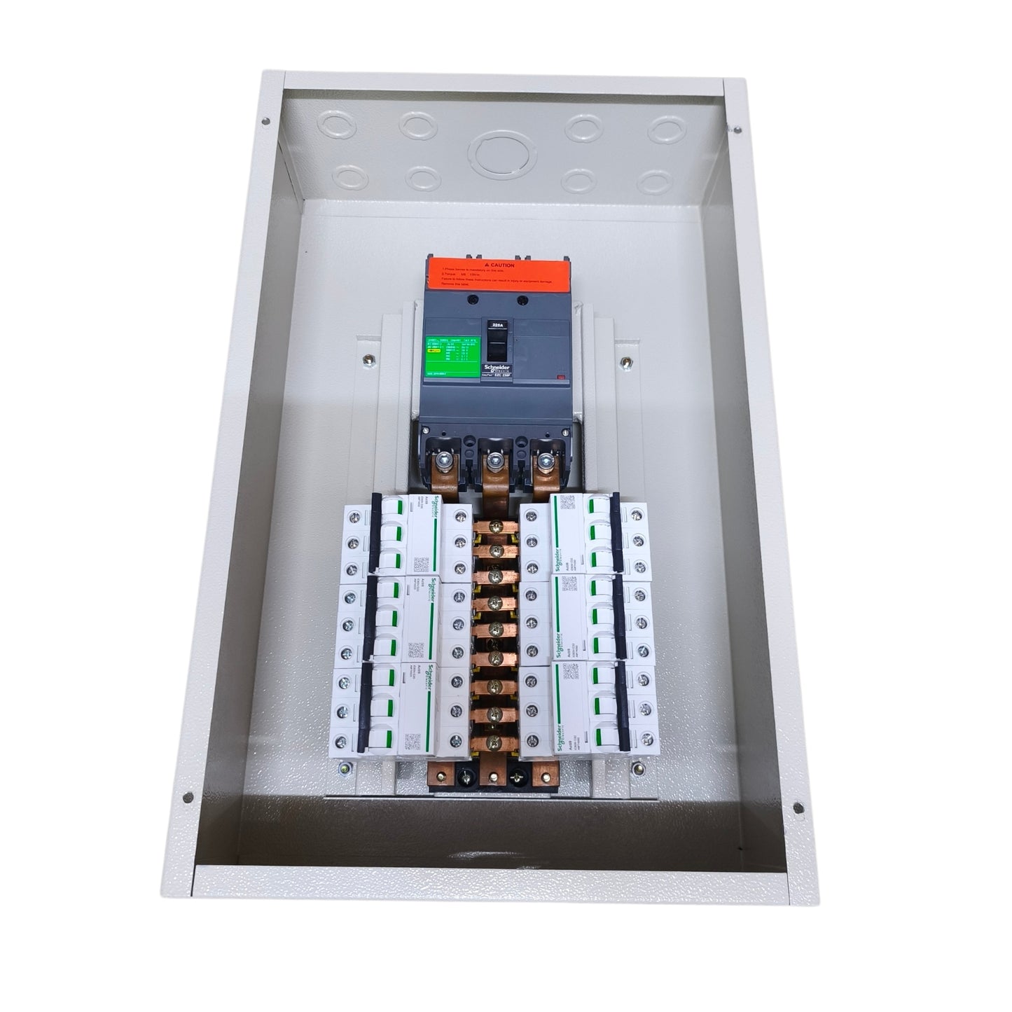 An open metal electrical distribution box containing a main circuit breaker and multiple modular circuit breakers, shown on a plain white background.