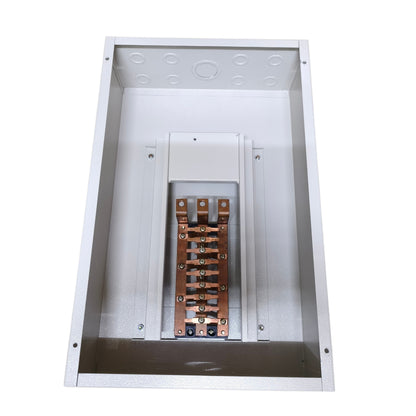 An open metal electrical junction box with a white interior, featuring a central copper busbar terminal assembly on a white background.