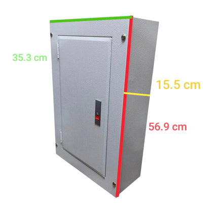 A gray metal electrical cabinet or utility box shown on a white background with overlaid dimension labels: 35.3 cm, 15.