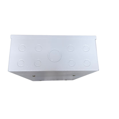 A white metal junction box with a flat top featuring circular screw terminals, shown on a plain white background.