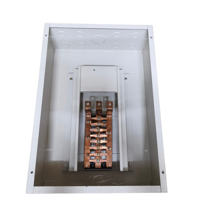 A large white metal electrical distribution box or panel enclosure, shown open to reveal copper-colored bus bars and internal terminal components, isolated on a white background.