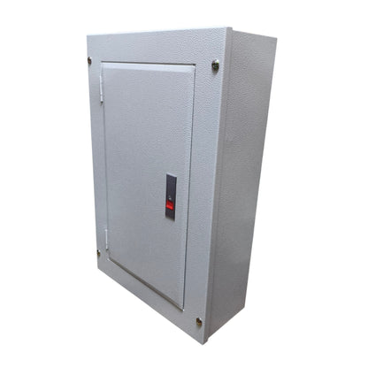 A textured light gray metal electrical cabinet with a front door, secured by corner screws, featuring a small black and red switch on the door, shown on a plain white background.