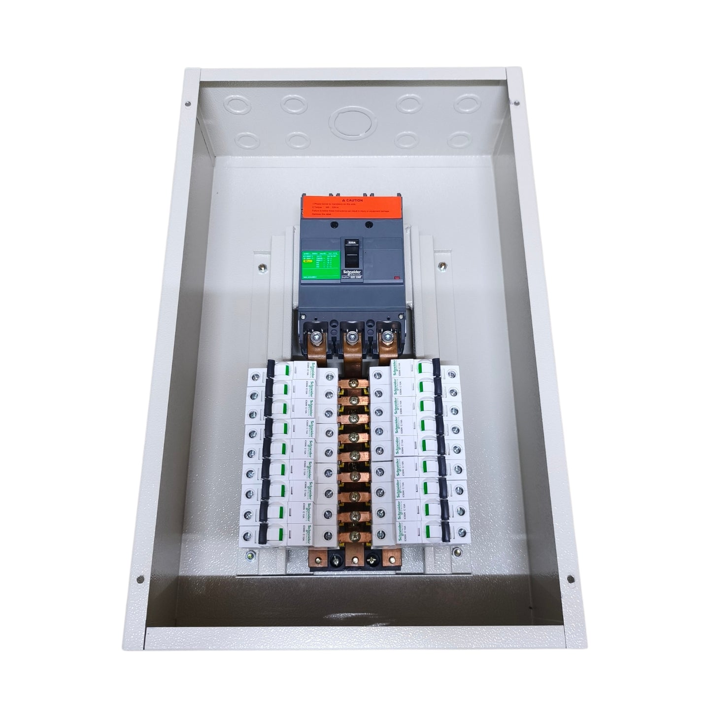 An open metal electrical distribution box containing a main circuit breaker, fuses, and multiple small circuit breakers arranged in two columns, shown on a plain white background.