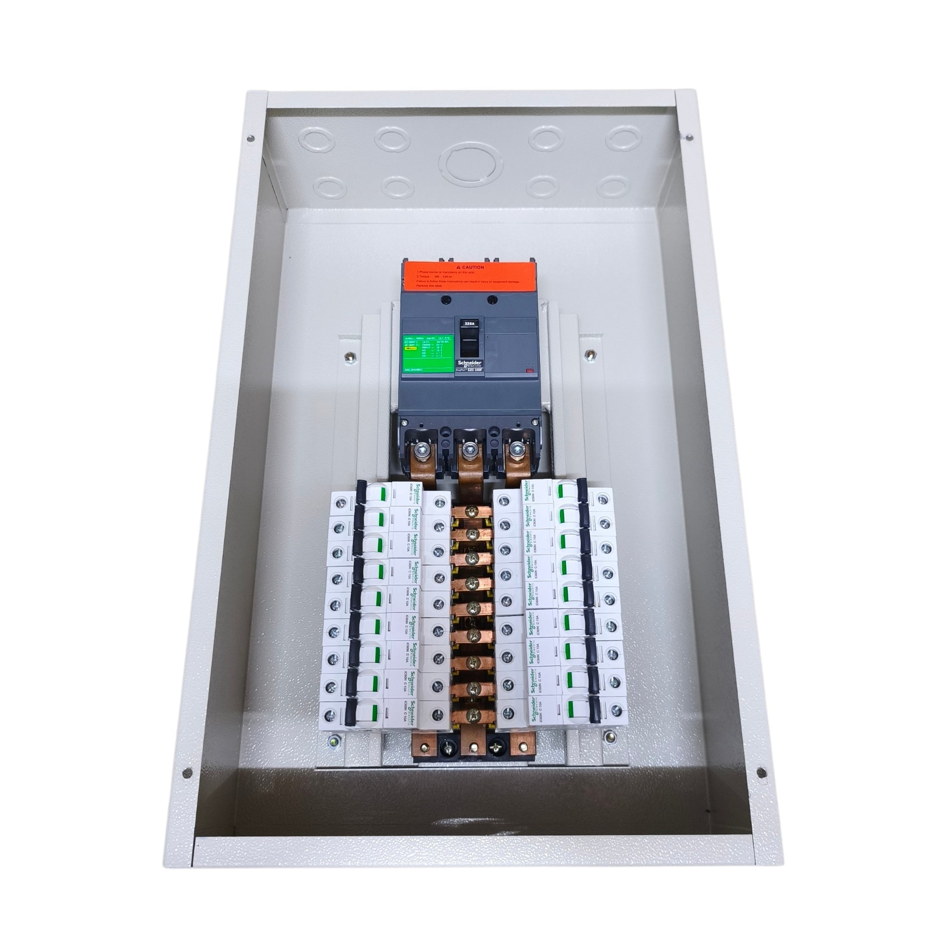 An open metal electrical distribution box containing a main circuit breaker, fuses, and multiple small circuit breakers arranged in two columns, shown on a plain white background.