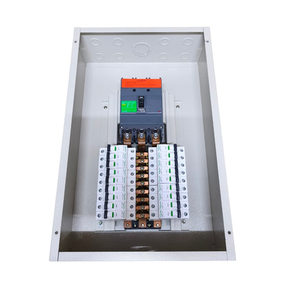 An open metal electrical distribution box containing a main circuit breaker, fuses, and multiple small circuit breakers arranged in two columns, shown on a plain white background.