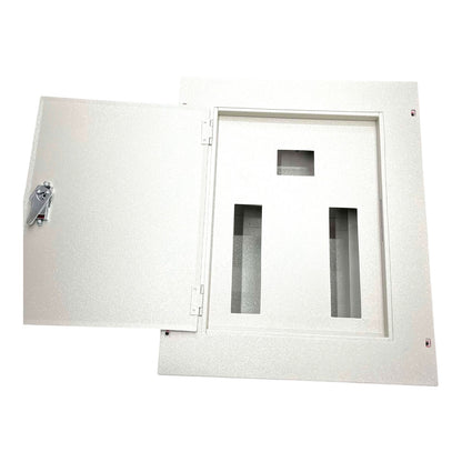 A white metal electrical distribution box with an open door, showing the interior mounting slots and a silver latch on the left side, set against a plain white background.