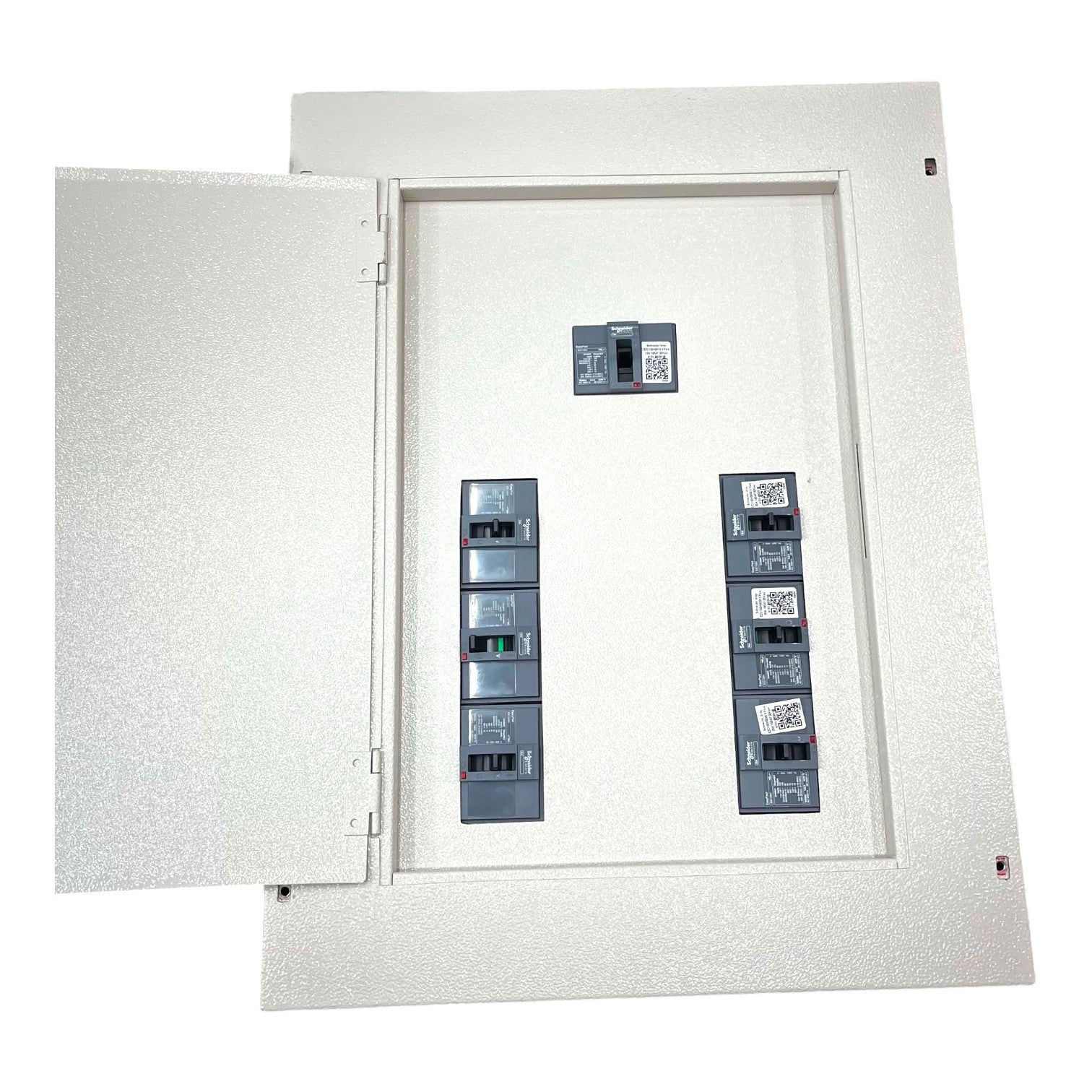 A large white electrical distribution panel with its left door open, showing multiple gray circuit breakers arranged in two columns against a plain white background.