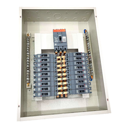 An open electrical distribution box containing circuit breakers, terminal blocks, and a main switch on a white background.