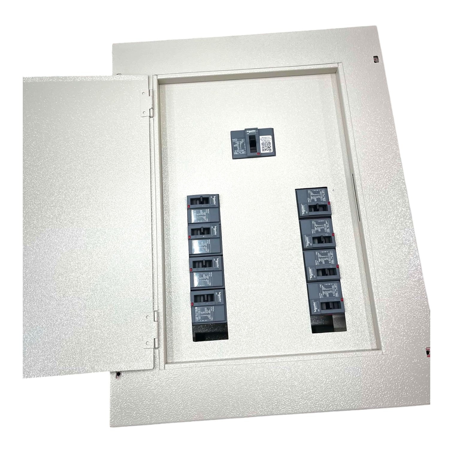 An open electrical panel box with a textured light gray exterior and interior, showing multiple circuit breakers arranged in two vertical rows on a white background.