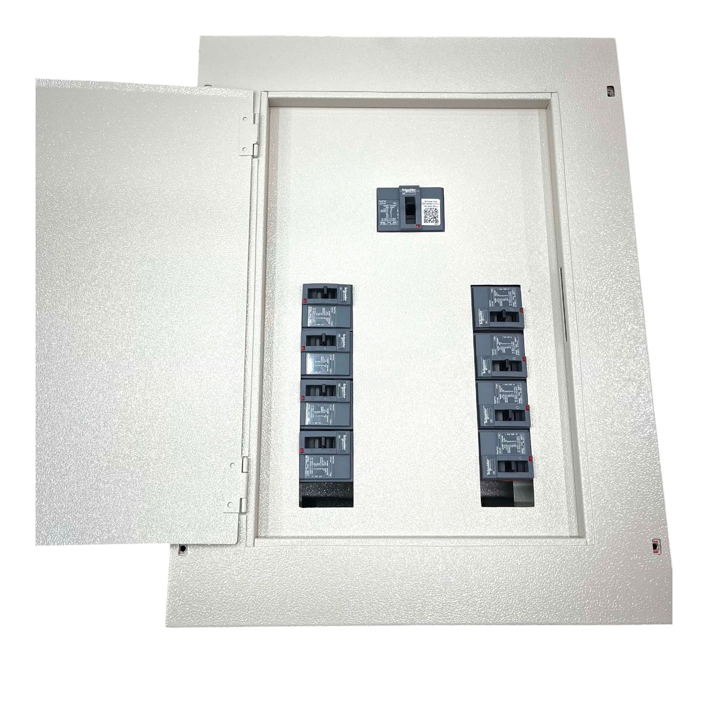 An open electrical distribution panel with a textured light gray metal cabinet door swung to the left, revealing multiple dark gray circuit breakers arranged in two vertical columns inside a light gray compartment.