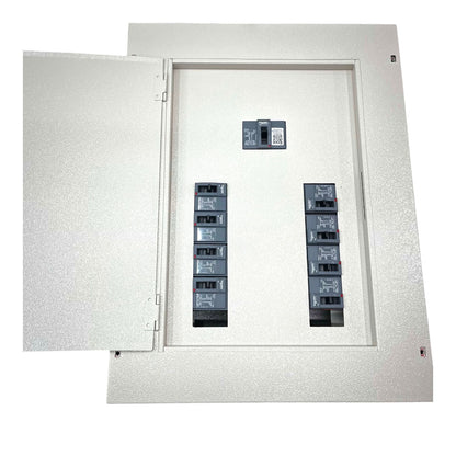 An open electrical distribution panel with a textured light gray metal cabinet door swung to the left, revealing multiple dark gray circuit breakers arranged in two vertical columns inside a light gray compartment.