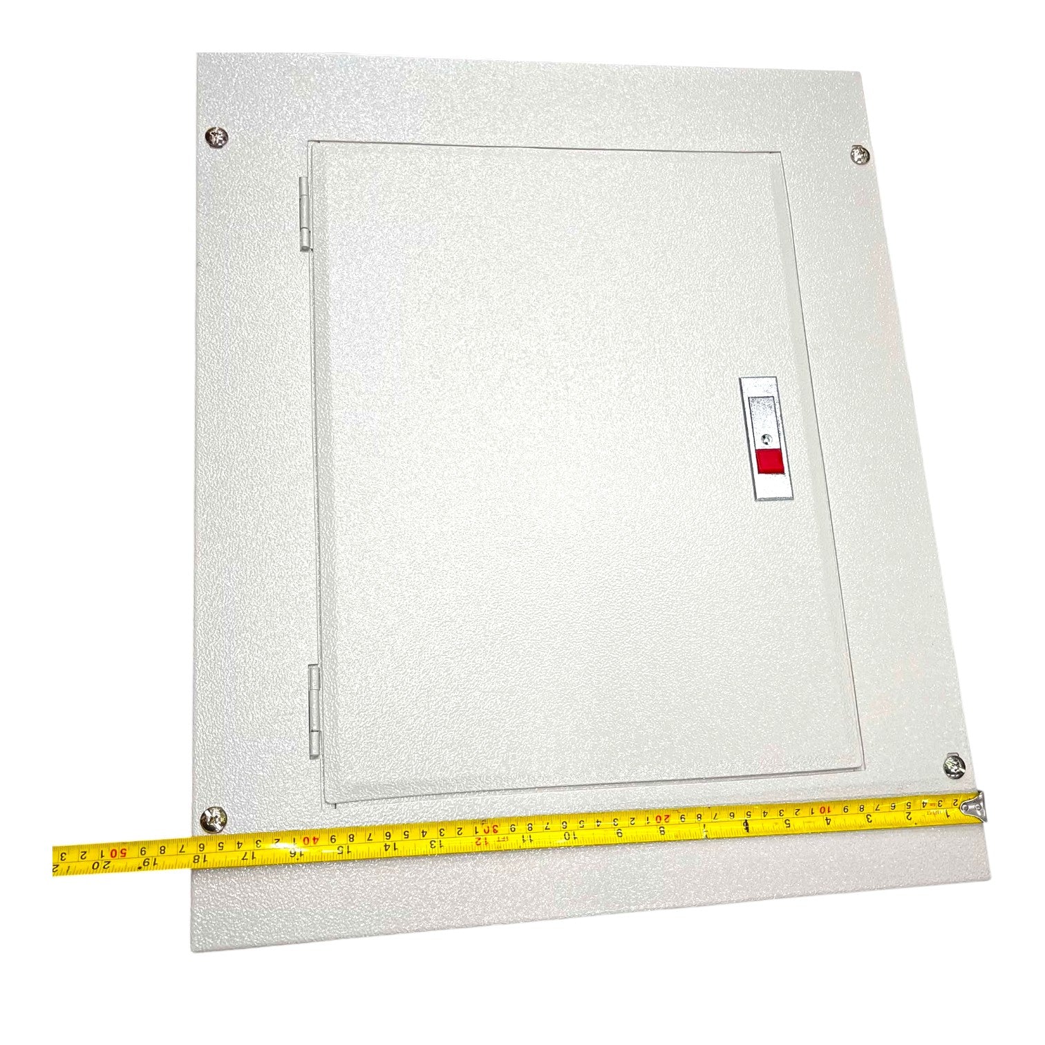 A square white metal electrical or utility access panel with a hinged door, shown on a white background with a yellow tape measure along the bottom and left edges to indicate size.