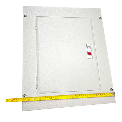 A square white metal electrical or utility access panel with a hinged door, shown on a white background with a yellow tape measure along the bottom and left edges to indicate size.
