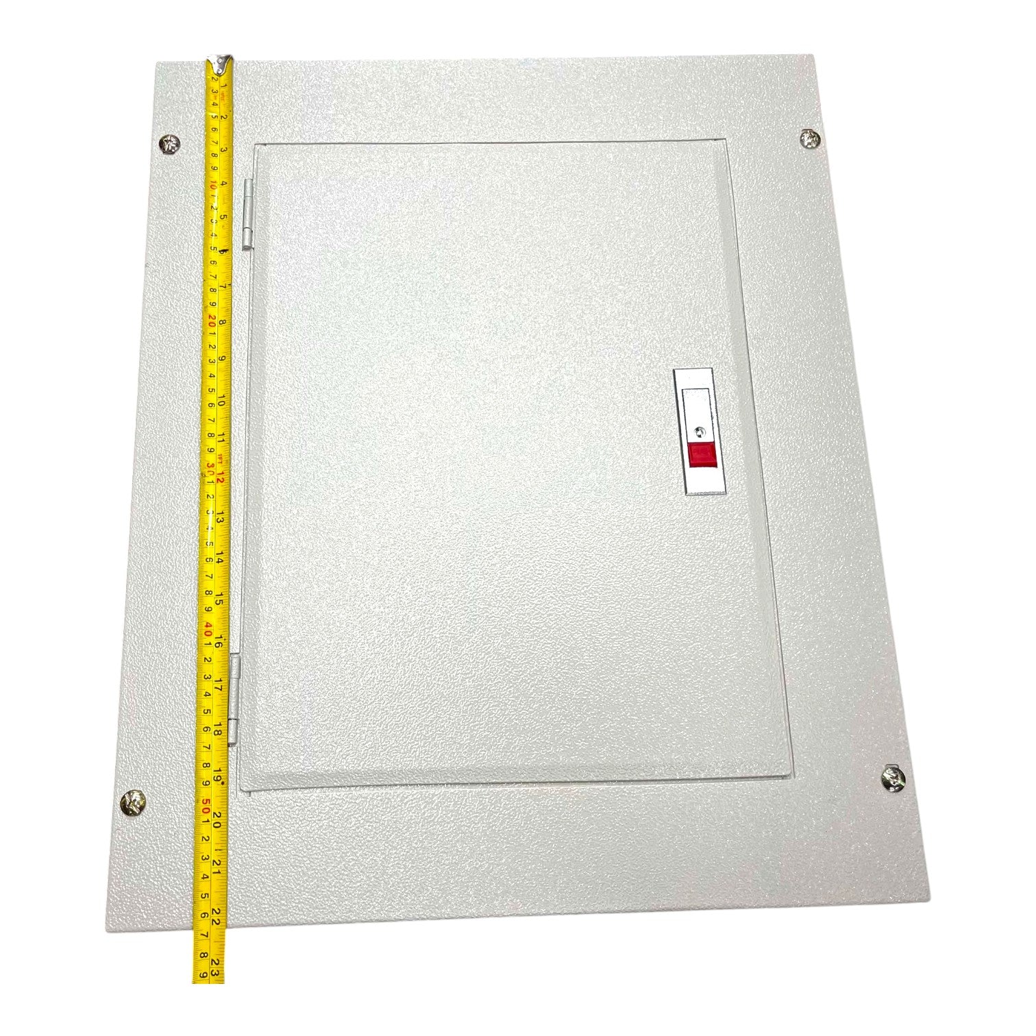A square metal electrical or utility access panel with a textured light gray finish, featuring a small red-and-white switch and corner screws. A yellow tape measure is positioned along the left edge to indicate dimensions, set against a plain white background.
