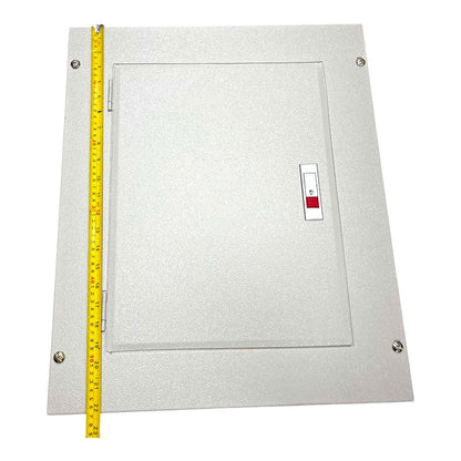 A square metal electrical or utility access panel with a textured light gray finish, featuring a small red-and-white switch and corner screws. A yellow tape measure is positioned along the left edge to indicate dimensions, set against a plain white background.