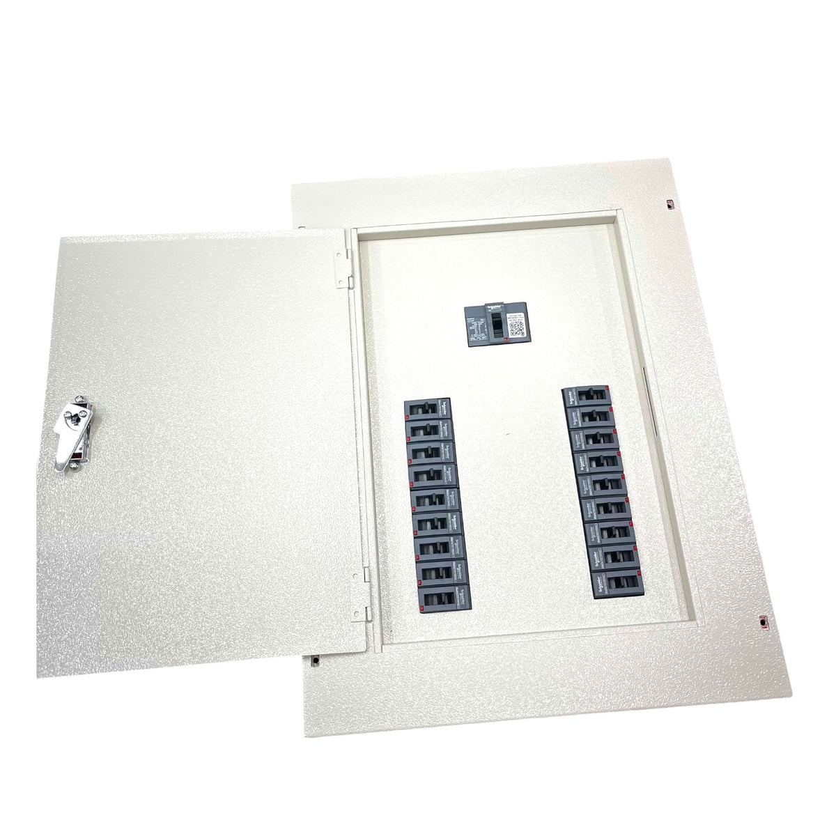 An open electrical panel box with a textured off-white metal exterior, a lock on the left door, and multiple dark gray circuit breakers arranged in two columns inside.