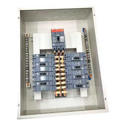 An open industrial electrical distribution panel showing multiple gray circuit breakers, terminal blocks, and a central busbar assembly inside a metal enclosure.