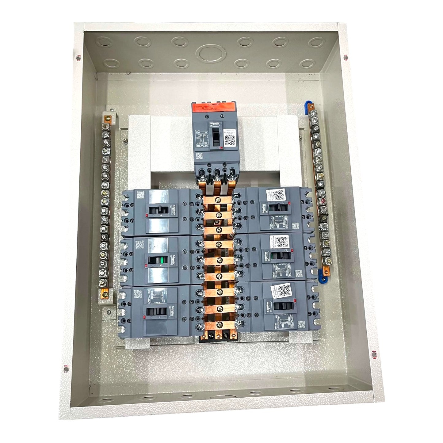 An electrical distribution box showing an internal circuit breaker panel with gray and blue components, copper bus bars, and terminal connections on a white background.