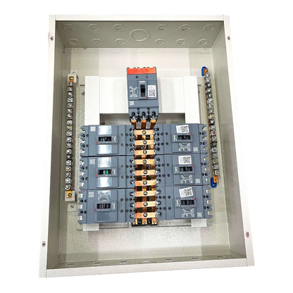 An electrical distribution box showing an internal circuit breaker panel with gray and blue components, copper bus bars, and terminal connections on a white background.
