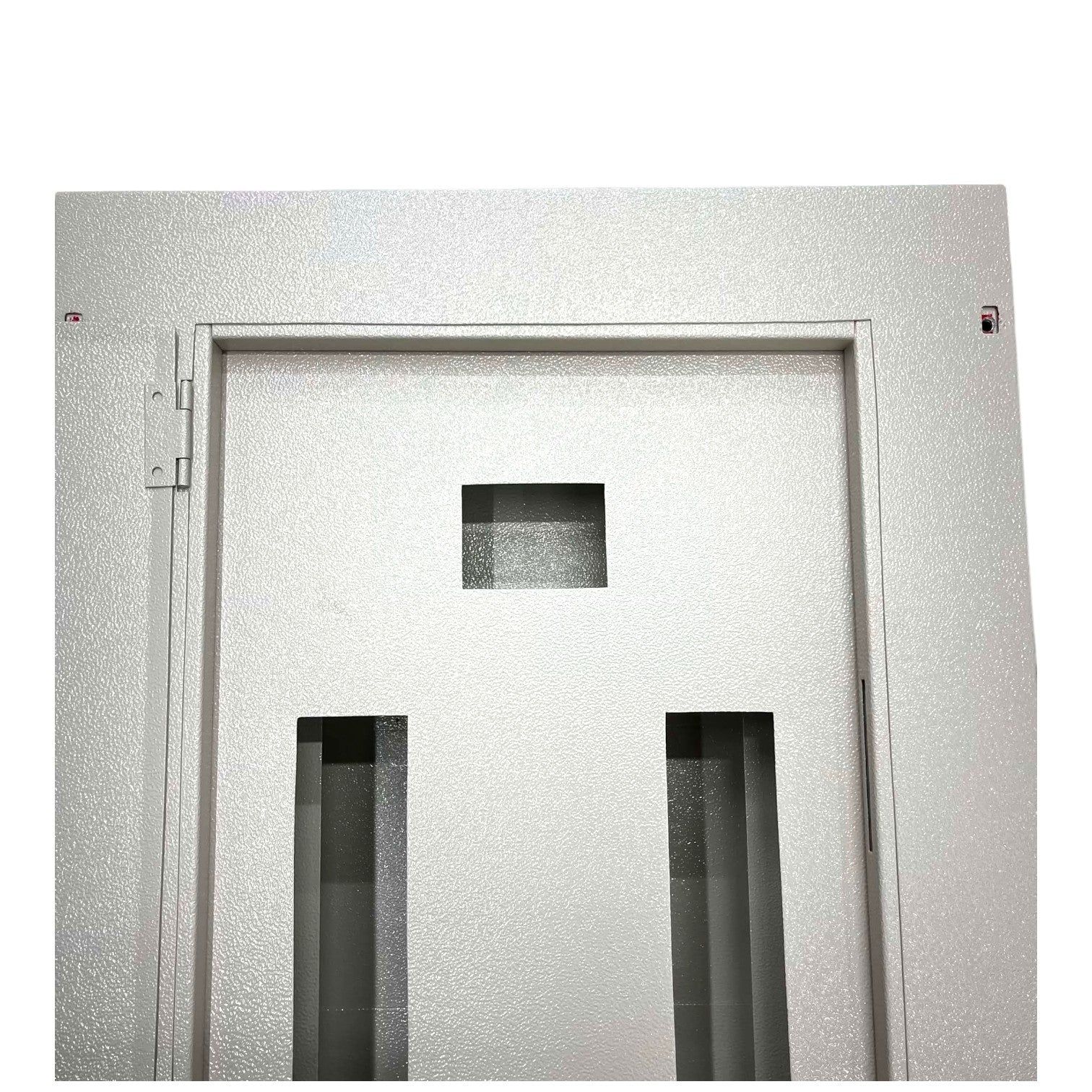 A white textured metal door with a rectangular window near the top and two vertical rectangular windows lower on the door, shown against a white background.