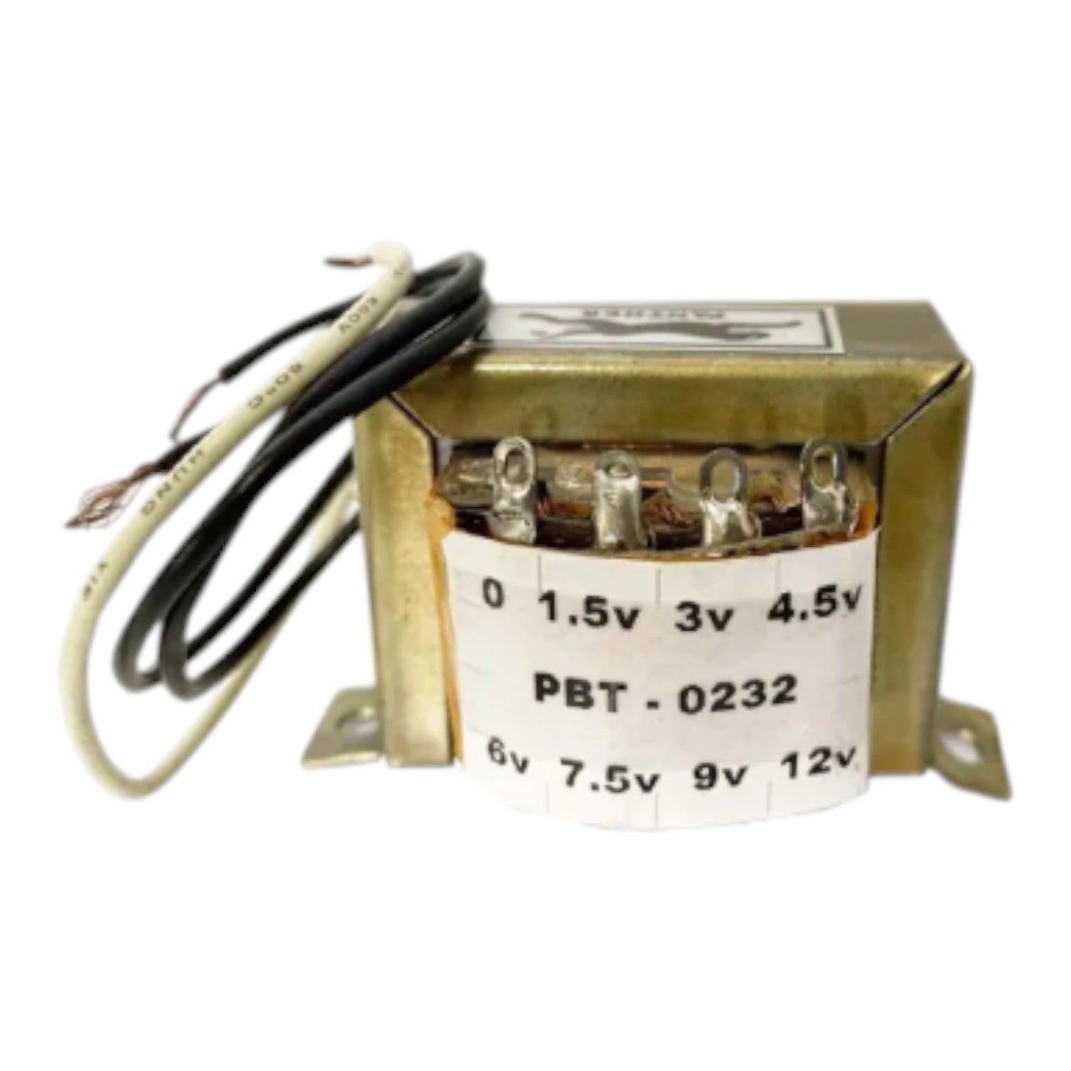 A small rectangular metal transformer with attached wires and a white printed label showing voltage ratings, photographed on a plain white background.