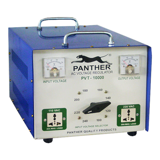 A blue and silver Panther AC Voltage Regulator (PVT-10000) on a white background, featuring dual analog meters, a black rotary switch, and green input/output specification labels.
