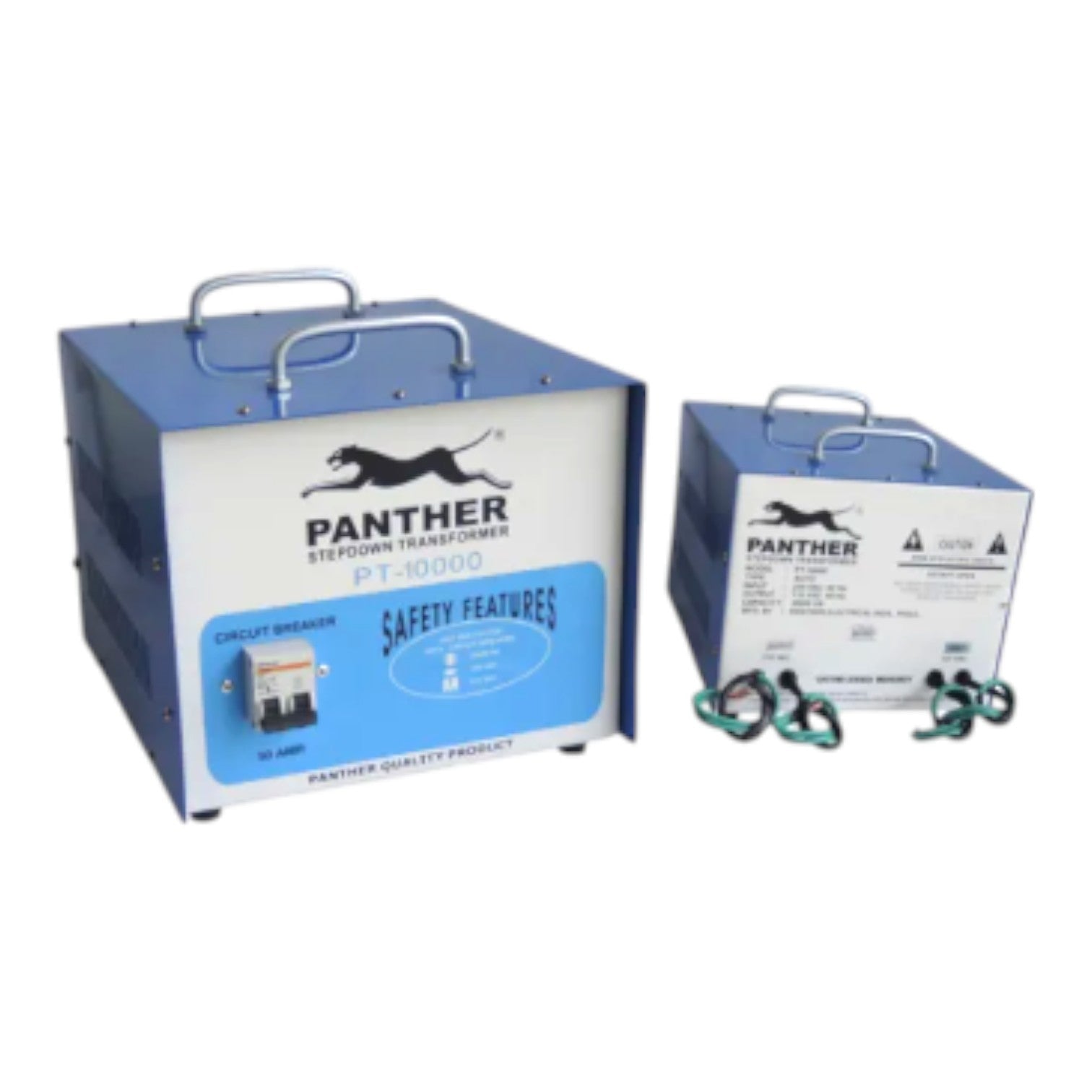 Two blue and white Panther brand industrial electrical boxes, one larger PT-10000 unit and one smaller unit with attached green leads, shown on a plain white background.