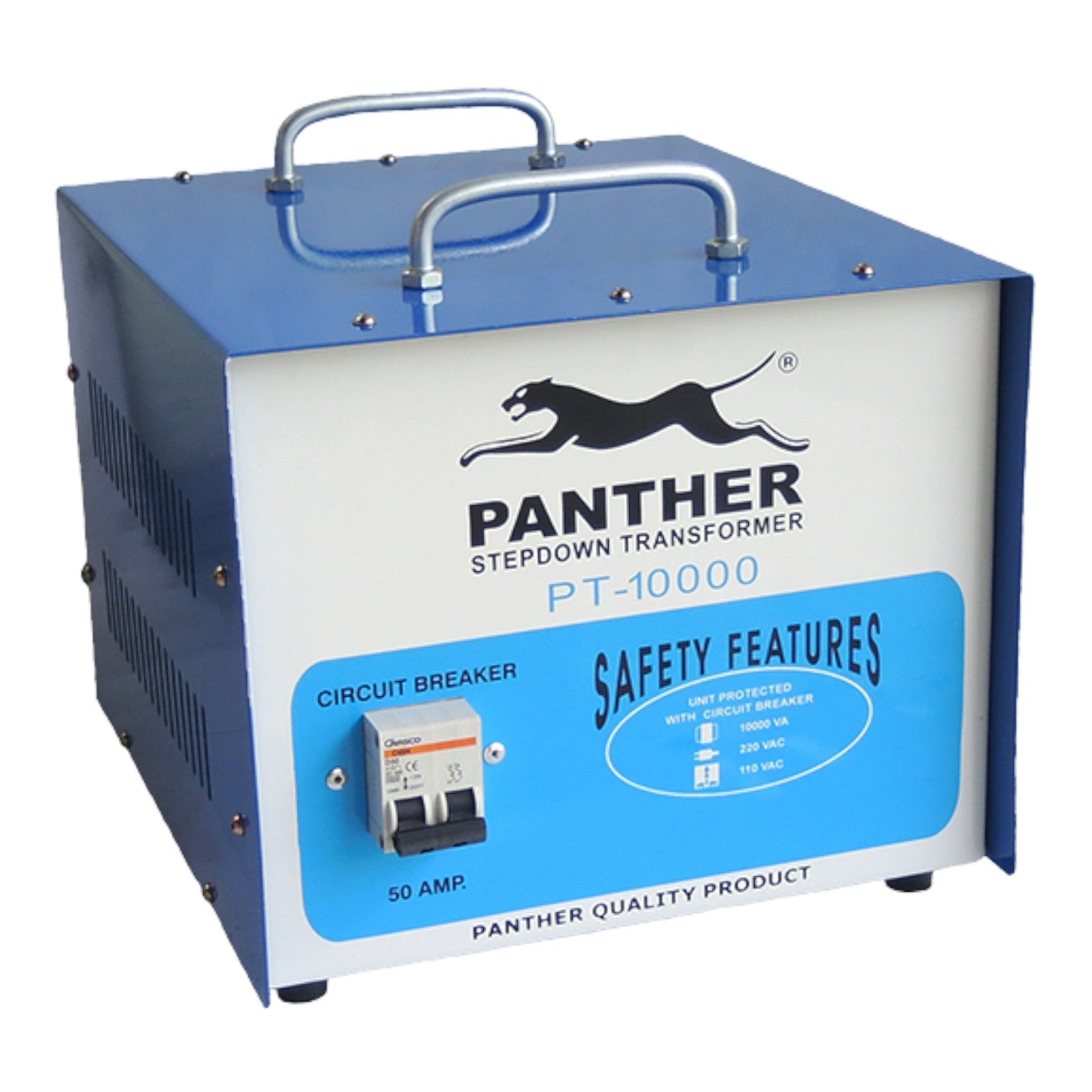 A blue and white Panther Stepdown Transformer PT-10000 electrical unit with a circuit breaker, shown on a plain white background.
