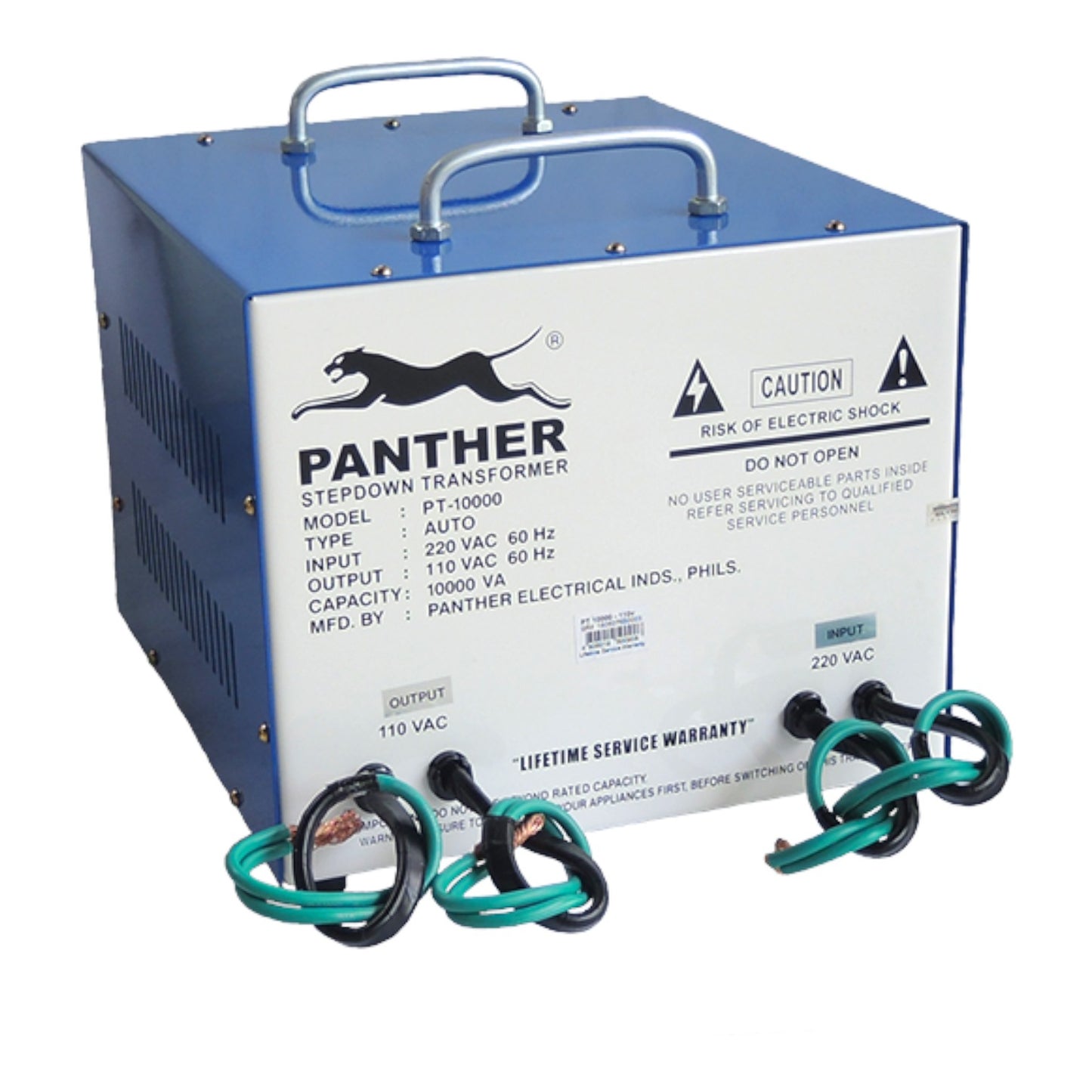 A Panther Stepped Down Transformer electrical device with a blue metal casing, white front panel, two metal handles on top, and green and black output cables in front, shown on a white background.