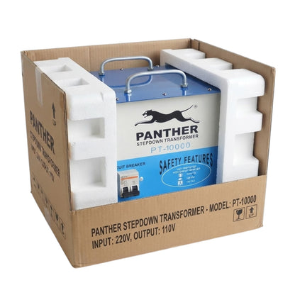 A Panther stepdown transformer in its original shipping box, surrounded by white foam inserts. The transformer has a blue top and bottom with a white center panel featuring the black Panther logo and text.