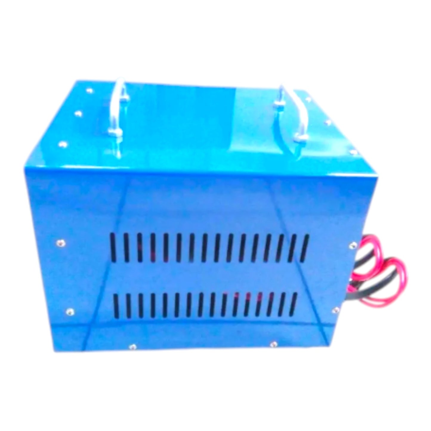 A blue metal electronic control box with ventilation slots on the front, carrying handles on top, and red and black wires coming out from the side, shown on a white background.