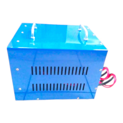 A blue metal electronic control box with ventilation slots on the front, carrying handles on top, and red and black wires coming out from the side, shown on a white background.