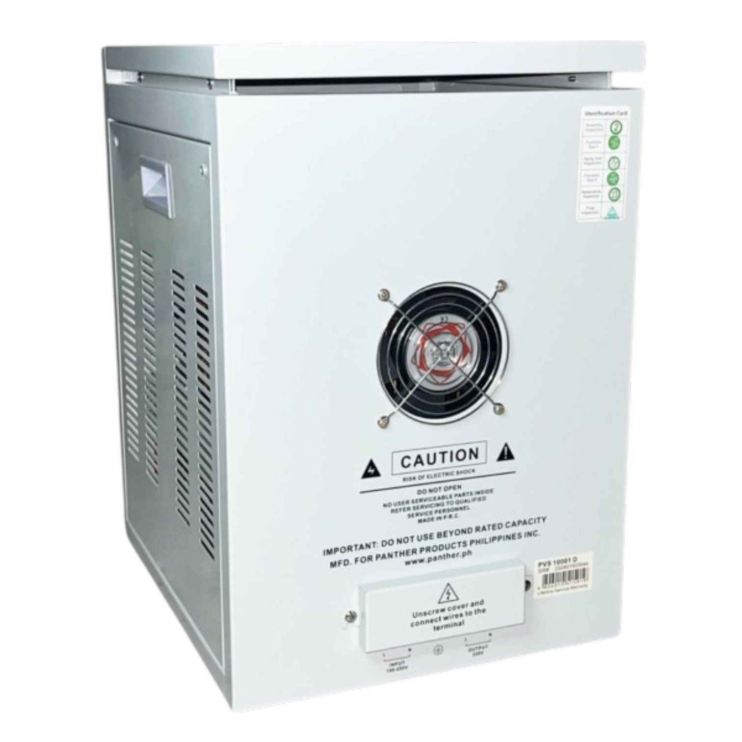 A white industrial refrigerator or freezer cabinet shown from a three-quarter angle, featuring a cooling fan on the front panel, ventilation slots on the side, and various labels and warning stickers.