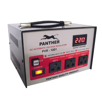 Panther PVR-1001 AC Automatic Voltage Regulator power supply unit, featuring a silver and black metal casing with a red front panel, digital output voltage display, and three power outlets.