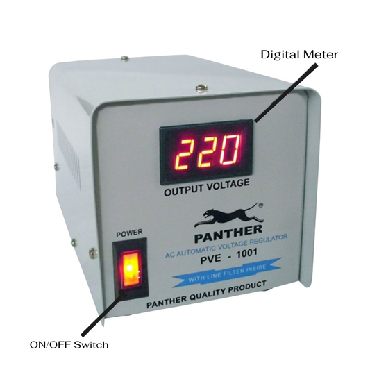 Panther PVE-1001 AC Automatic Voltage Regulator with a digital display showing 220 and an on/off switch, labeled with callout lines for 'Digital Meter' and 'ON/OFF Switch'.