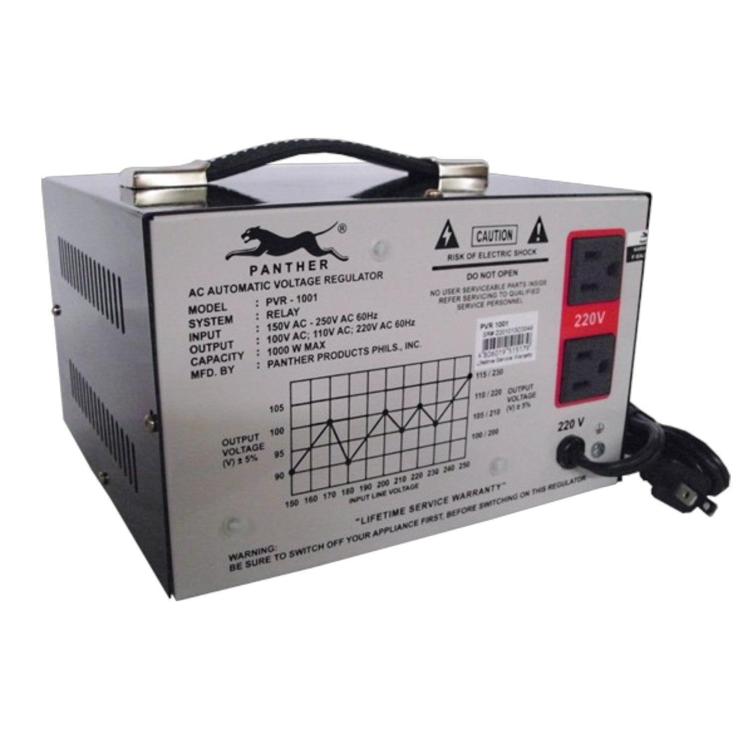 A Panther brand AC Automatic Voltage Regulator (AVR) unit, model PVR-1001, shown on a white background. The unit is silver with black text and features a red digital display showing 220V, along with a black power cord.
