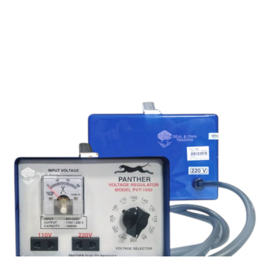 A Panther voltage regulator kit with a blue metal control box, a front panel voltmeter and rotary selector, and gray cables on a white background.