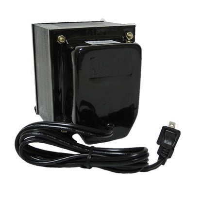 A black electrical transformer or power supply with a coiled power cord and a standard wall plug, shown against a plain white background.