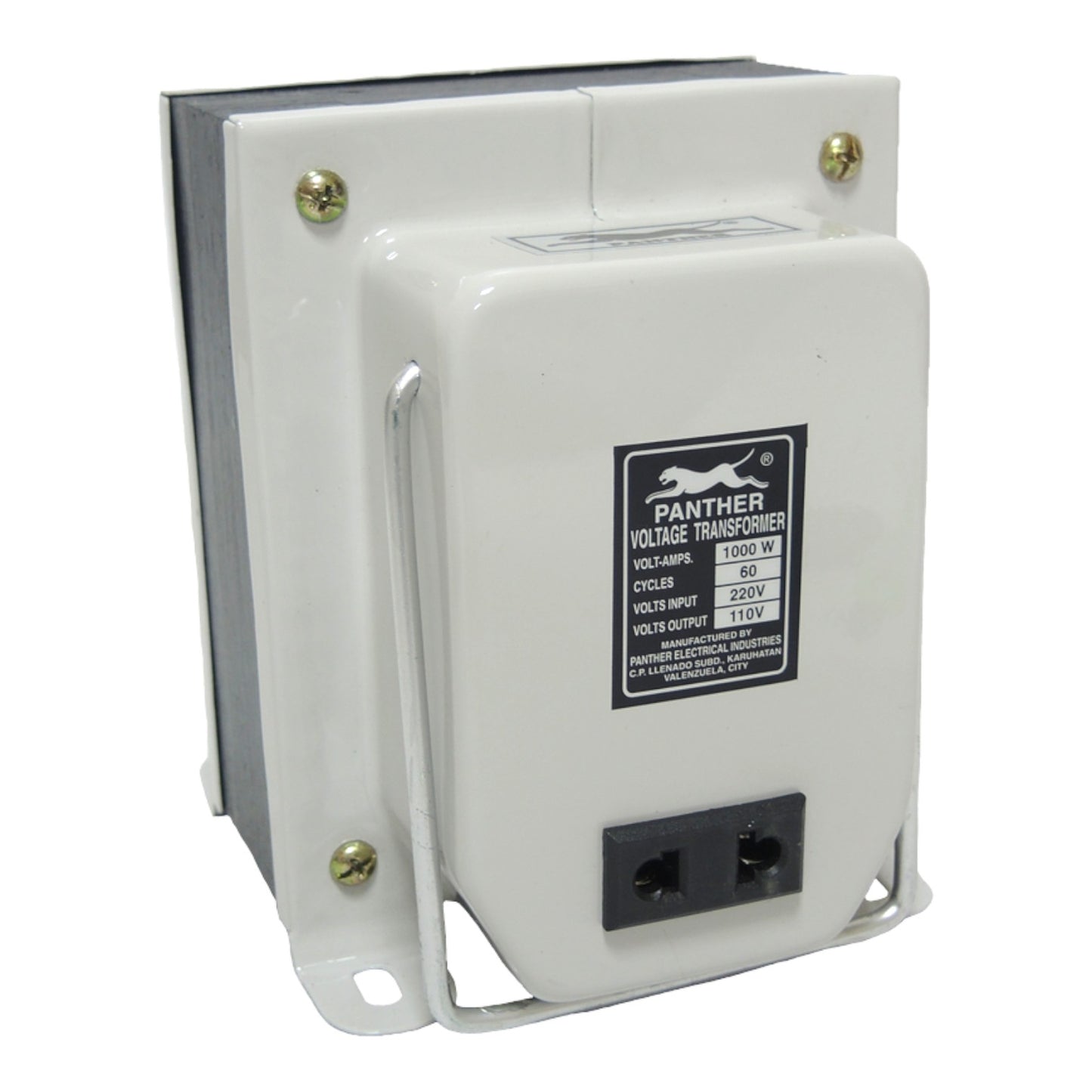 A Panther Voltage Transformer with a white plastic housing, silver metal mounting brackets, and a black specification label on the front face.