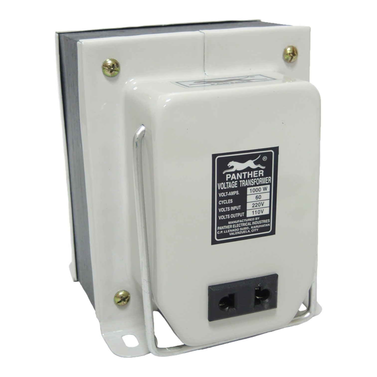A Panther Voltage Transformer with a white plastic housing, silver metal mounting brackets, and a black specification label on the front face.