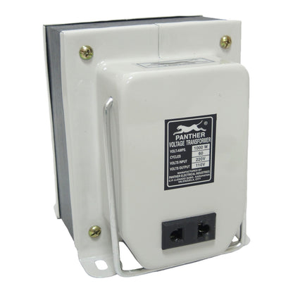 A Panther Voltage Transformer with a white plastic housing, silver metal mounting brackets, and a black specification label on the front face.