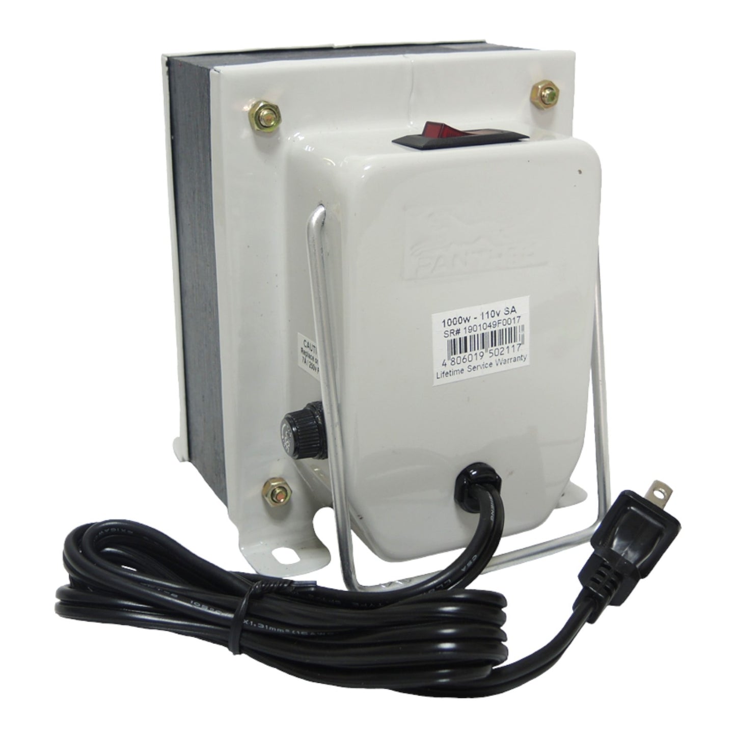 A white and gray electrical transformer with a black power cord, featuring a metal wire handle and a black switch on top, shown against a plain white background.