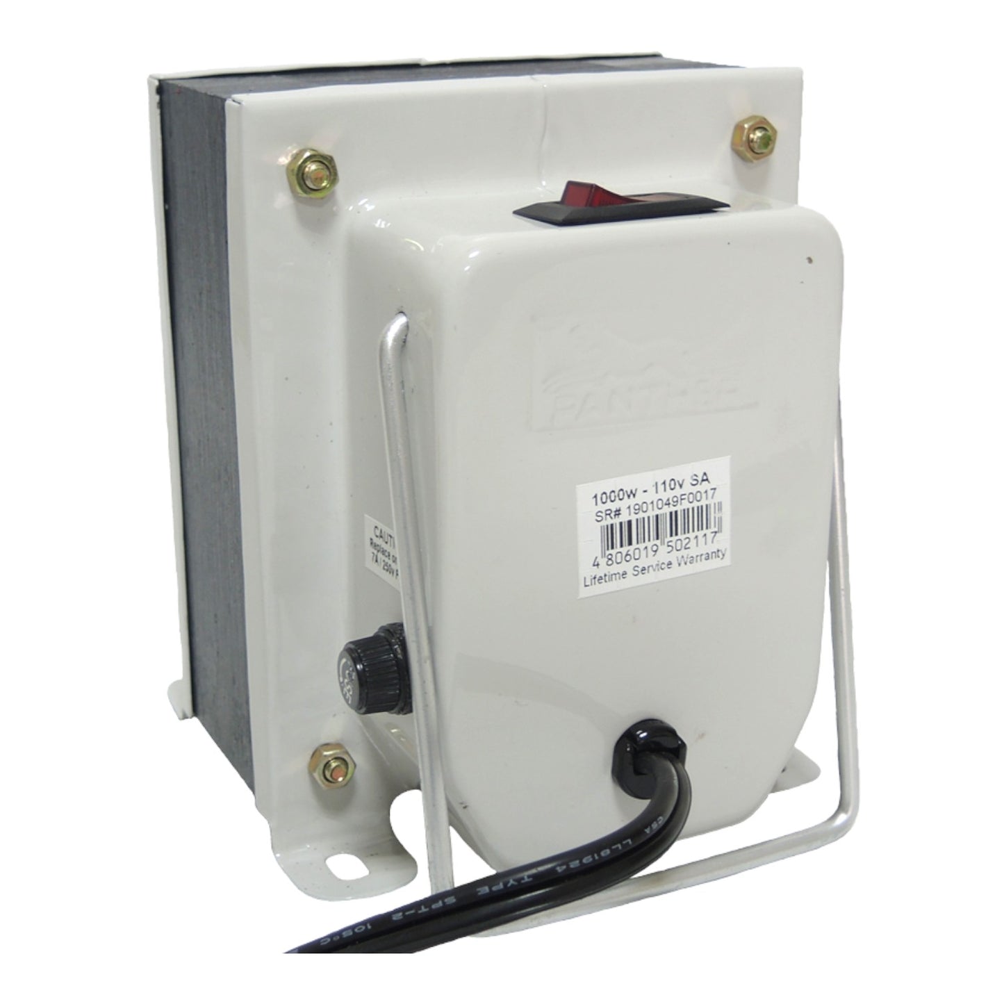 A white industrial electrical transformer with a black side panel, a red switch, a metal mounting bracket, and a black power cord, shown on a white background.
