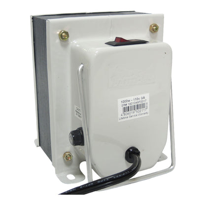 A white industrial electrical transformer with a black side panel, a red switch, a metal mounting bracket, and a black power cord, shown on a white background.