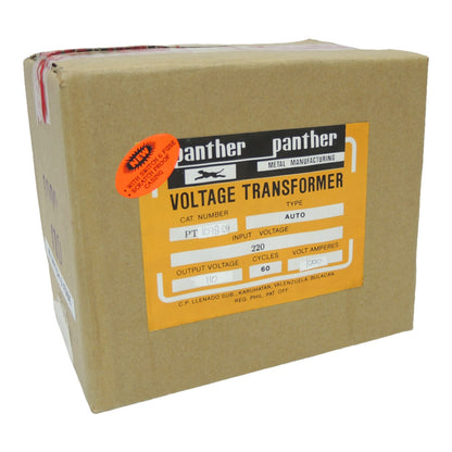 A brown cardboard box for a Panther Voltage Transformer, featuring a yellow and black label with product specifications and an orange sticker.